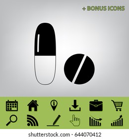 Medical pills sign. Vector. Black icon at gray background with bonus icons at celery ones