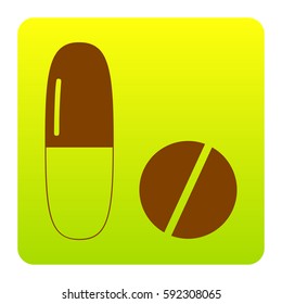 Medical pills sign. Vector. Brown icon at green-yellow gradient square with rounded corners on white background. Isolated.