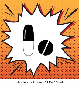 Medical pills sign. Vector. Comics style icon on pop-art background.