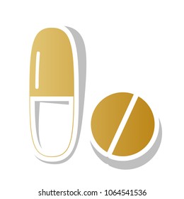 Medical pills sign. Vector. Golden gradient icon with white contour and rotated gray shadow at white background.
