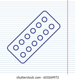 Medical Pills sign. Vector. Navy line icon on notebook paper as background with red line for field.