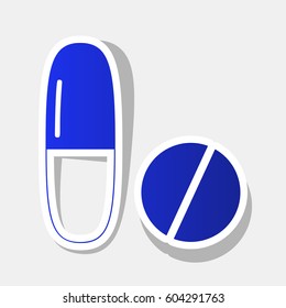 Medical pills sign. Vector. New year bluish icon with outside stroke and gray shadow on light gray background.