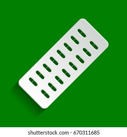 Medical Pills sign. Vector. Paper whitish icon with soft shadow on green background.