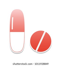 Medical pills sign. Vector. Reddish icon with white and gray shadow on white background. Isolated.