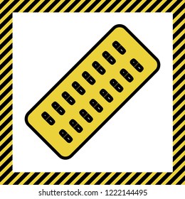 Medical Pills sign. Vector. Warm yellow icon with black contour in frame named as under construction at white background. Isolated.