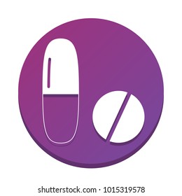 Medical pills sign. Vector. White icon with flat shadow on purpureus circle at white background. Isolated.