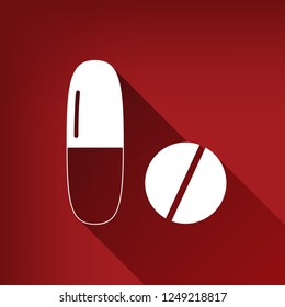Medical pills sign. Vector. White icon with limitless shadow at ruby red background.