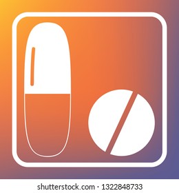 Medical pills sign. Vector. White icon on transparent button at orange-violet gradient background.