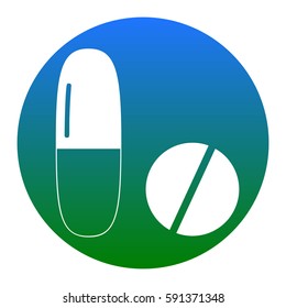 Medical pills sign. Vector. White icon in bluish circle on white background. Isolated.