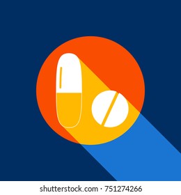 Medical pills sign. Vector. White icon on tangelo circle with infinite shadow of light at cool black background. Selective yellow and bright navy blue are produced.