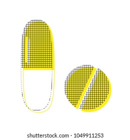 Medical pills sign. Vector. Yellow icon with square pattern duplicate at white background. Isolated.