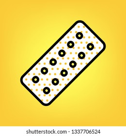 Medical Pills sign. Vector. Yellow polka dot white icon with black contour at warm yellow background.