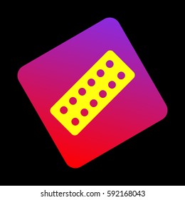 Medical Pills sign. Vector. Yellow icon at violet-red gradient square with rounded corners rotated for dynamics on black background.