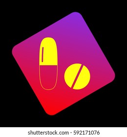 Medical pills sign. Vector. Yellow icon at violet-red gradient square with rounded corners rotated for dynamics on black background.