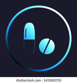 Medical pills sign. White, cyan and blue gradient icon as round button in white shell at dark blue background. Illustration.