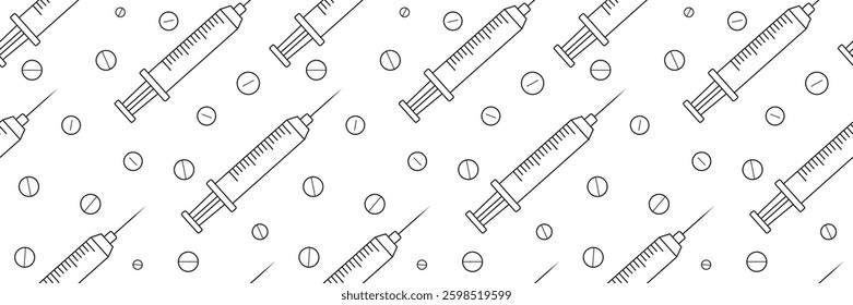 Medical pills and syringes seamless pattern. Outline syringe and pills background. Syringe and pills pattern in black and white.