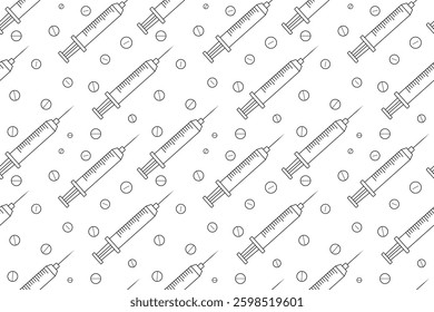 Medical pills and syringes seamless pattern. Outline syringe and pills background. Syringe and pills pattern in black and white.