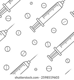 Medical pills and syringes seamless pattern. Outline syringe and pills background. Syringe and pills pattern in black and white.