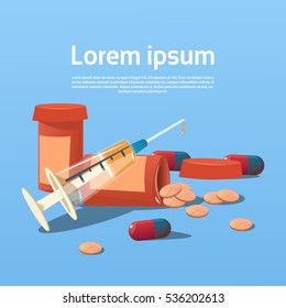 Medical Pills Tablets, Bottle Health Care Flat Vector Illustration