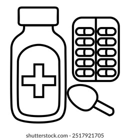 Medizinische Pillen, Tabletten und Flaschen Symbole für Drogerie, ui, Web, App. Medizinische Symbolgrafik für das Gesundheitswesen mit Löffeldesign.