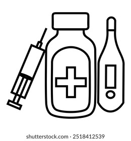 Medical pills, tablets and bottles icons for drugstore, ui, web, app. Health Care Medicine symbol illustration with thermometer and syringe design vector.