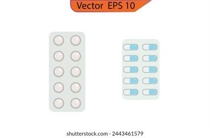 Pastillas médicas, tabletas, cápsulas aisladas sobre fondo transparente. Ilustración del vector farmacéutico de las píldoras. Varios medicamentos. Pastillas, cápsulas, ampollas. 