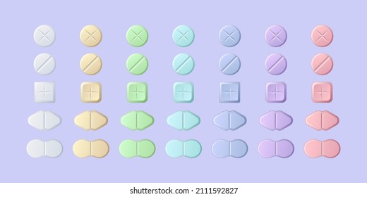 Medical pills and tablets different shapes and colors. Vector realistic set of medicine drugs, vitamin, aspirin, painkiller remedy or antibiotic. 3d icons of pharmaceutical drugs with marks