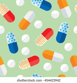 Medical pills and tablets texture in flat style. Stylized medication seamless pattern. Pharmacology continuous wrapping background. Health care vector illustration.