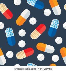 Medical pills and tablets texture in flat style. Stylized medication seamless pattern. Pharmacology continuous wrapping background. Health care vector illustration.