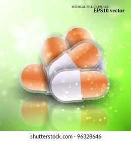 Medical pills - tablets vector illustration  on reflective surface, isolated objects eps10