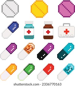 Medical pills and tools in a pixel art