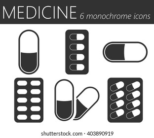 Medical Pills. Vector Color Medical Icons Set. 6 Items  for Pharmacy or Healthcare Design
