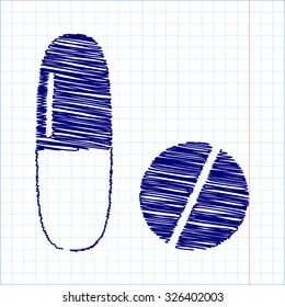 Medical pills vector icon with pen and school paper effect 