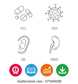 Medical pills, virus and ear icons. Kidney linear sign. Award medal, growth chart and opened book web icons. Download arrow. Vector