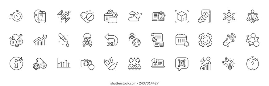 Píldoras médicas, tiempo ventoso e iconos de línea Quiz. Paquete de software, ética, icono del temporizador. Consumo de electricidad, Producto orgánico, Pictograma de energía ecológica. Curva de demanda, adn de química, 360 grados. Vector