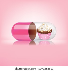 Medical pink capsule with cup cake on pink background. Vector 