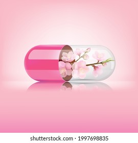 Medical pink capsule with sakura  on pink background. Vector illustration