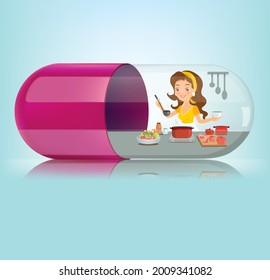 Medical pink  Medical red  capsule with chef on pink background. Vector illustration