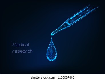 Medical pipette with liquid and falling droplet made of lines, dots, triangles, stars on dark blue background. Scientific pharmaceutical research concept. Modern futuristic low poly wireframe vector.