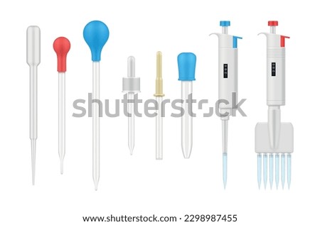 Medical pipettes dropper for laboratory different shape set realistic vector illustration. Hospital droplet professional medicine accessory for research scientific testing pharmacy chemistry biology