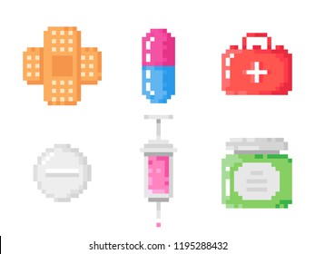 Medical pixel pills, bottle, patch and syringe isolated on white background. Pixel art objects. Vector illustration set