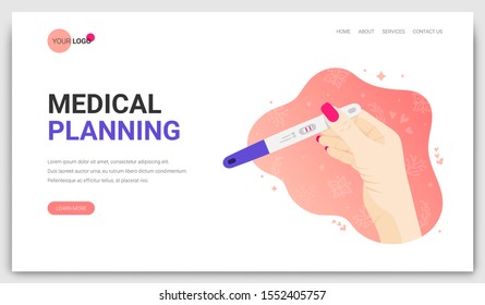 Medical planning of pregnancy concept landing page. Pregnancy or ovulation positive test in woman hand on abstract background. Female reproductive design. Vector illustration for web site