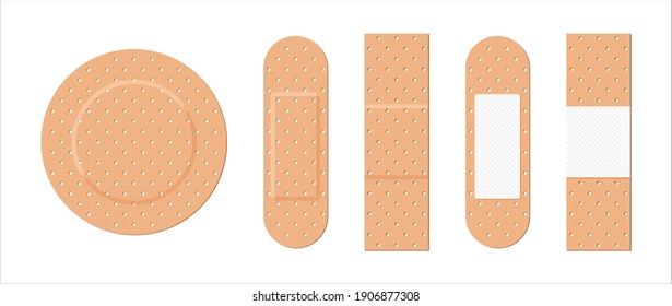 Medical plaster. Adhesive bandage for aid of wound. Icons of breathable bandaids. Bands isolated on white background. Medicine plaster strips for first aid, pain, pharmacy, accident, surgery. Vector.