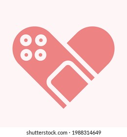 Medical plaster as heart shape. Medical protection, medical care concept. Vaccination sign. Vaccination symbol. Heart shape. Vector illustration