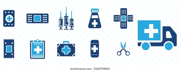 Medical plaster icon collection in flat and green color design. Band-aid icon set.