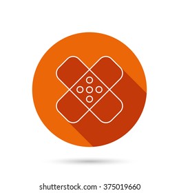 Medical plaster icon. Injury fix sign. Round orange web button with shadow.