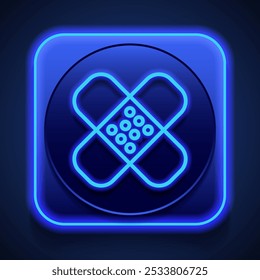 Medical plaster simple icon vector. Flat design. Blue neon style on button. With shadow.ai