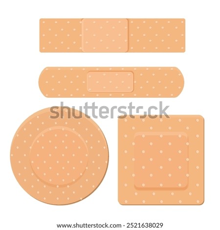Medical plaster, strip. Breathable patch set. Firs aid tape, Different shapes. Recovery tape isolated on white background