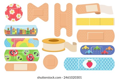 Medical plasters of different shapes, forms and designs cartoon set isolated on white background