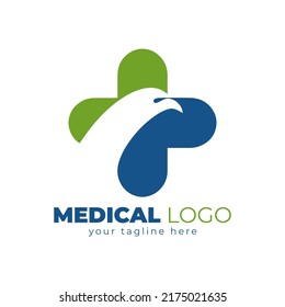 Medical plus logo design with creative concept, icon plus combined with eagle merged in drops, green eagle head with medical health logo design inspiration, cross medical logo with eagle head, Awesome